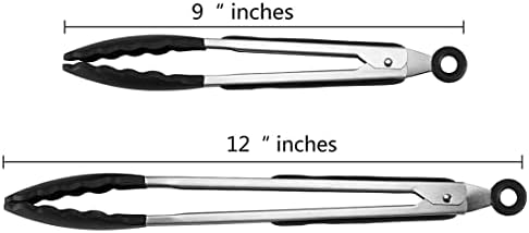 Cooking Tongs,GWCLEO Kitchen Tongs with Stainless Steel,Non-Scratch Silicone Tips,Non-Slip and Easy-Grips Silicone Handle,Food Tongs for Barbecue,Picnic,Serving,Buffet etc (Black,9 and 12 inches)