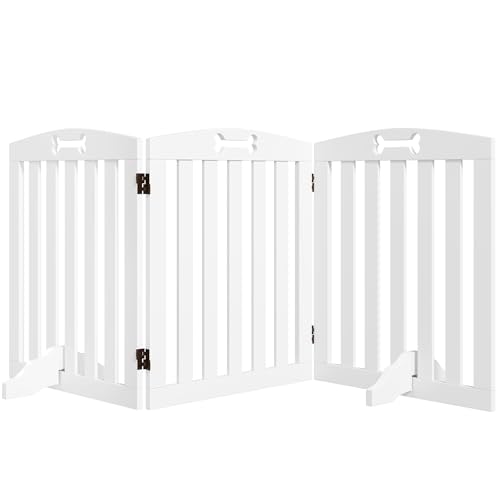 PawHut Cancellino per Cani Pieghevole a 3 Pannelli con 2 Supporti, Cancelletto di Sicurezza in MDF, 155x30x61 cm, Bianco