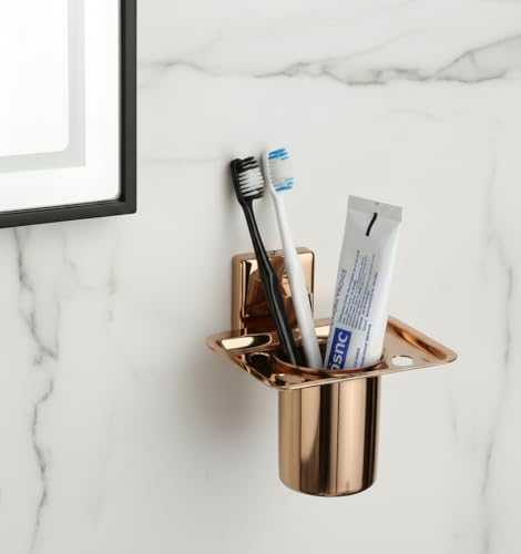 Image of EASYHOME FURNISH Premium 304 Stainless Steel Toothbrush Holder with Tumbler Cup - Wall Mounted Bathroom Organizer Stand for Toothpaste & Brushes, Rustproof Rose Gold PVD Mirror Finish (Square-26RG)