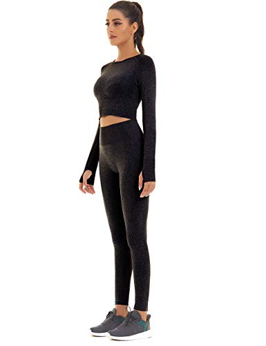 Toplook Women Seamless Workout Outfits Athletic Set Leggings + Long Sleeve Top (Black, Small)