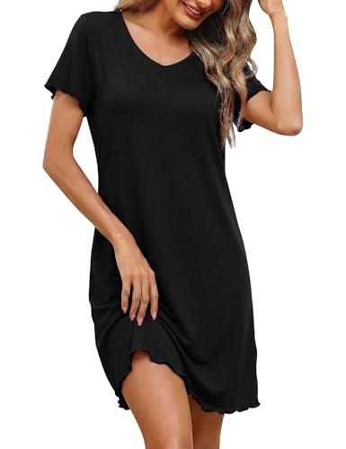 Demegimi Chemise de Nuit Femme Coton Respirant Nuisette Été Manches Courtes Col en V Robe de Nuit Coupe Ample et Confortable Pyjama Casual，Noir，M