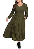 Hanna Nikole Plus Size Fall Casual Dress Long Sleeve with Pockets Smocked Spring Winter Tiered Green Maxi Christmas Dress 1X