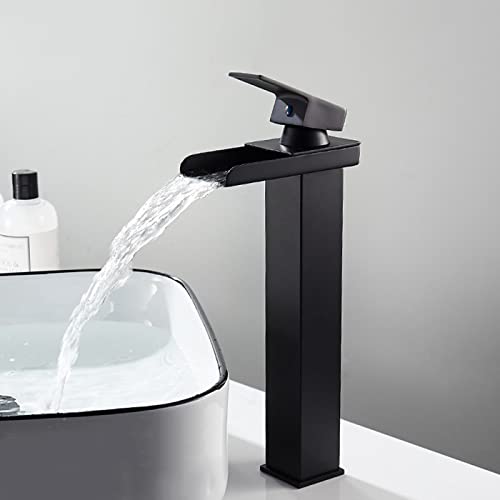 Robinet cascade de lavabo noir haut mitigeur de salle de bains en acier inoxydable eau chaude froide