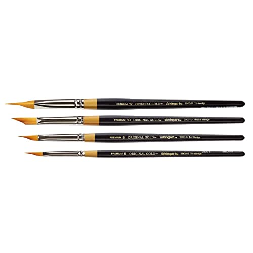 KINGART Premium Set de Pinceles Artísticos Original Gold 9900 Serie Miracle Wedge, Pelo Sintético Golden Taklon, Mango Corto, 4 Tamaños: 6, 8, 10, 12 miniatura 3