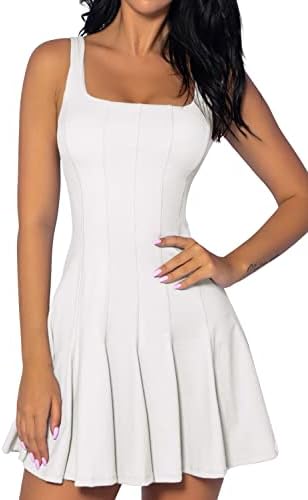 QINSEN Womens Sleeveless Tennis Dress with Shorts Square Neck Ribbed Pleated Athletic Dresses