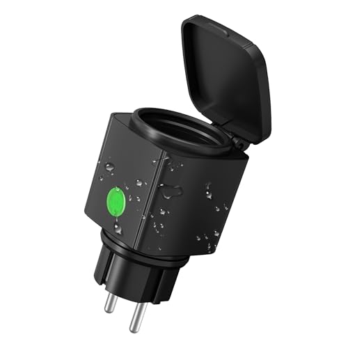 HBN WLAN Steckdose Outdoor 16A, Smart Home Zeitschaltuhr Aussenbereich mit App Steuerung, Sprachsteuerung, IP44 Alexa Außensteckdose, kompatibel mit Alexa & Google Home 2,4GHz, Schwarz