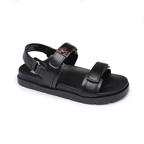 Image of FabKids Girl's Flat Sandals Comfort Adjustable Double Strap Slip on Leather Footbed Sandals for Toddler Little Kid Big Kid