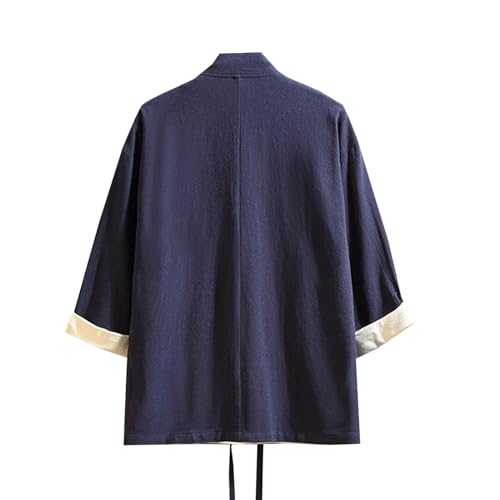 Cambkatl Men's Retro Lace-Up Cotton Cardigan Casual Summer Color Block 3/4 Sleeve Kimono Jackets Open Front Outerwear4