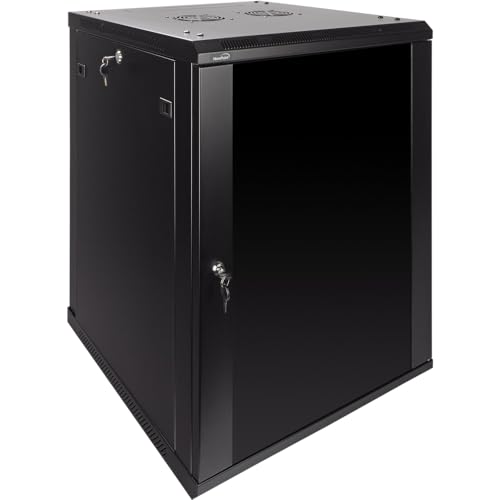 Image of NavePoint 15U Server Rack Enclosure - 23.6 inch Deep, Wall Mount Network Cabinet with Locking Glass Door for 19 inch IT Equipment, Network Rack with 2 Fans, Removable Side Panels, Black