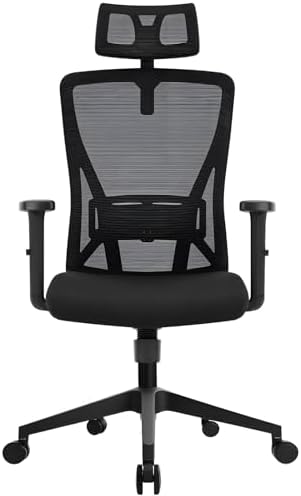 Bild von Durrafy Bürostuhl Ergonomisch, Bürostuhl, Schreibtischstuhl mit Verstellbarer Kopfstütze, Armlehnen, Lendenwirbelstütze Höhenverstellbar, 90°-130° Schaukeln, Chefsessel 150KG Belastbar, Schwarz