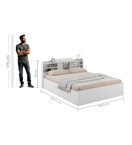 Image of Viggo Queen Bed with Box Storage | Engineered Wood | Frosty White Finish | Headboard Storage | Sturdy & Modern | Knock-Down Assembly | 3-Year Warranty