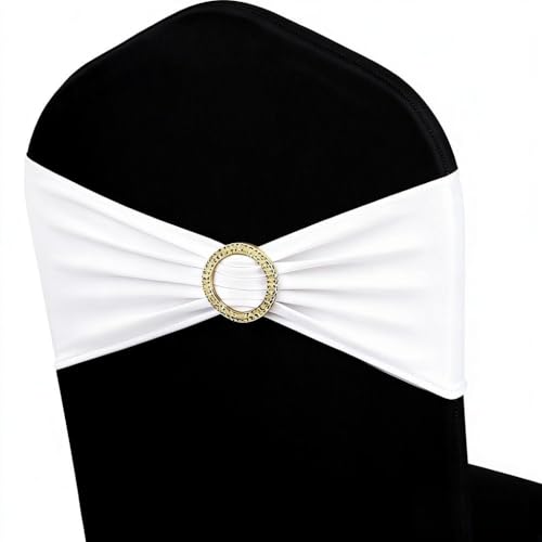 Image of White Chair Sashes 50 Pack with Gold Buckle Slider, Spandex Sashes for Folding Chairs Wedding Party Banquet Decor