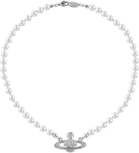YURESEN Saturn Pearl Necklace White Pearl Bead Choker for Women Teen Girls Crystal Rhinestone Constellation Planet Necklace for Girlfriend Confessions Weddings (Silver2)