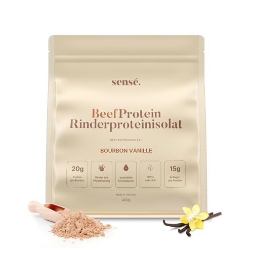 Sensé. Rinderprotein Pulver Vanille 400g -100% natürlich | 21g Protein | Bourbon Vanille & Flohsamenschalen | Bioaktiv | Kollagen 1,2+3 | Knochenbrühe vom Weiderind | Bone Broth | Made in Germany