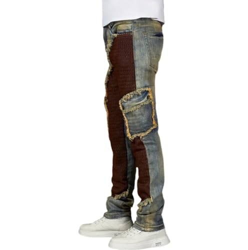 Men's Straight-Leg Mid-Rise Denim Pants with Multiple Pockets and Denim Patchwork - Casual Hip-hop Style Men's Denim Pants3