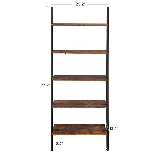 VASAGLE Alinru Ladder Shelf Leaning Shelf, 5-Tier Bookshelf Rack, for Living Room Kitchen Office, Stable Steel, Industrial Furniture , Rustic Brown ULLS46BX