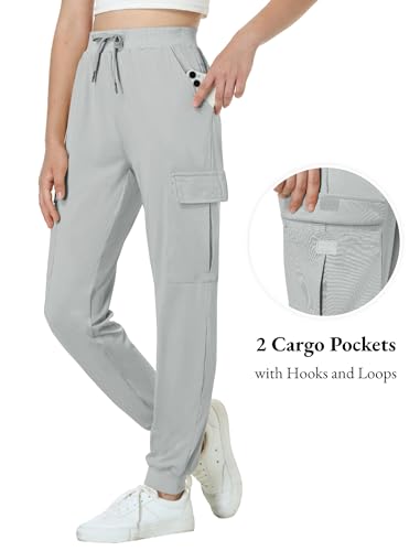 EXARUS Girls Joggers Kids Hiking Lightweight Cargo Pants Quick Dry Athletic Hip Hop Dance Jogger Flap Pockets Drawstring Tapered High Waist Youth Light Gray Knit 12Y