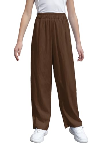 Image of SANGTREE Girls & Woman Wide Leg Pants Lightweight Casual Elastic High Waist Straight Leg Loose Trousers,4 Years - Woman 2XL