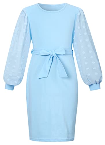SFreeBo Mädchenkleid Winter Langarm Gürtel Bodycon Kleid Durchsichtiges Mesh Jacquard Ärmel Slim Kleid Kinder Einfarbig Fitted Party Kleider für Mädchen 7-12 Jahre, blau, 10-11 Jahre Cover