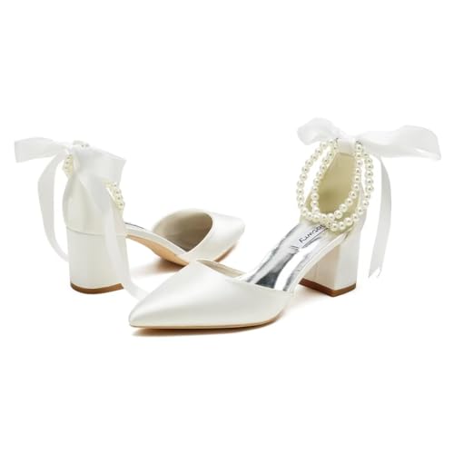 Image of Block Heel Wedding Shoes for Bride Pointed Toe Pearl Wedding Heels Bridal Shoes