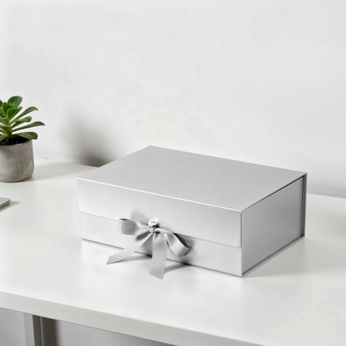 Image of Awestuffs Premium Silver Gift Boxes for Gift Packaging, Reusable Decorative Gift Boxes (23 x 16 x 10 cm) for Hampers, Weddings, Birthdays, Festivals & Corporate Gifts (Pack of 1)