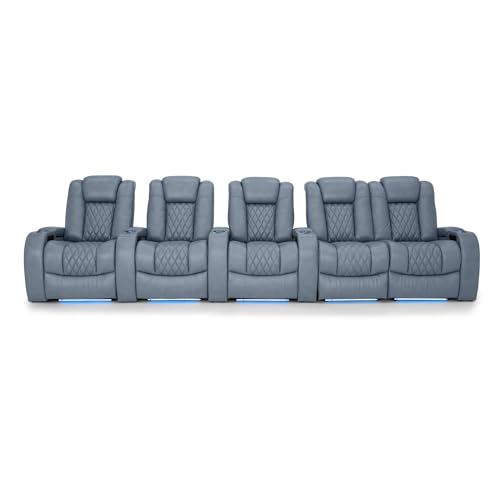 Image of Seatcraft Diamante Smokey Blue Italian Leather Home Theater Seating, Zero Gravity Power Recliner, Gaming and Home Office Chair, Powered Headrest Furniture for Cinema Room, Row of 5 Right Loveseats