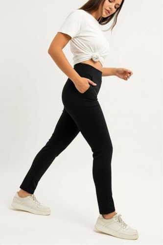 Image of EcoLove Women's Black Ribbed Knit Pants, High-Waisted, Tapered Fit