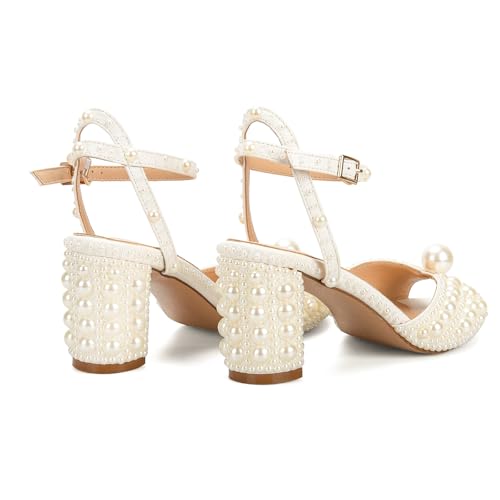 Image of Goolita Pearl Heels For Women Mid Block Ankle Strap Heeled Sandals Round Open Toe Party Evening Bridal Shoes For Wedding