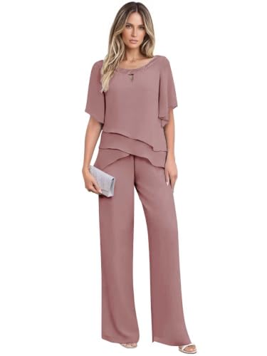 Mother of The Bride Pant Suits for Women 2 Pieces Dressy Chiffon Grandmother of Bride Pant Suit Petite Wedding Guest Pantsuits with Sleeves Dusty Rose 12