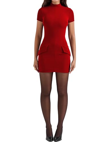 SHESEEWORLD Women's Summer Short Sleeve High Neck Business Pencil Skirt Fashional A-Line Mock Neck Bodycon Formal Dress2