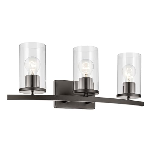 Image of Kichler Crosby 23 inch 3-Light Bathroom Vanity Light Fixture with Clear Glass Shades in Olde Bronze for Modern Powder Room Over Mirror Lighting (23 inch x 8.75 inch), 45497OZCLR