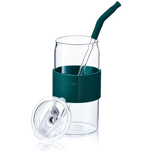 Colovie Glass Tumbler With 3 In 1 Lids And Glass Straws(Extra Silicone Tips), Silicone Protective Sleeve, Iced Coffee Cup, Travel Water Bottle, Soda Beer Can Shaped Cups,Hot Tea-Sequoia Green 16Oz 1Pc #TOP12