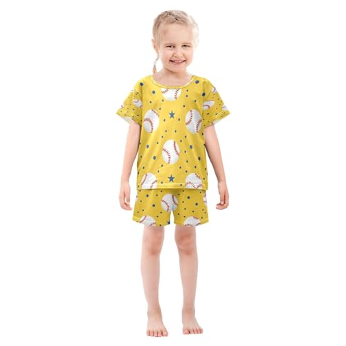 senya Short Sleeve Pajamas Sets Summer Cotton Sleepwear Baseballs Dotsstars Yellow Background3
