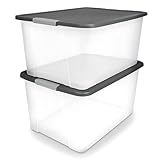 HOMZ 2-Pack Secure Latch, Clear Plastic Storage Organizer Bins, 64 Quart, Gray Lid - Heavy-Duty Container Boxes with Lids for Home, Office, and Garage