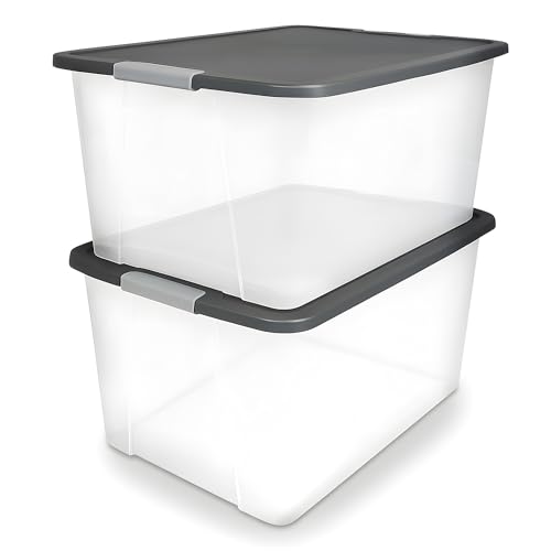 HOMZ 2-Pack Secure Latch, Clear Plastic Storage Organizer Bins, 64 Quart, Gray Lid - Heavy-Duty...