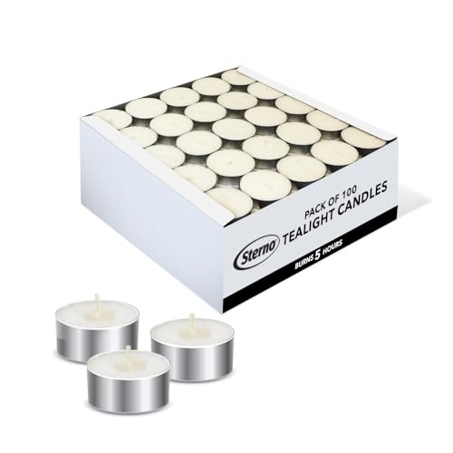 Sterno 100-Pack Tea Lights Candles Bulk Pack - Long Lasting Tealight, Burns Up to 5 Hours - Unscented White Candles for Indoors or Outdoors - Use as Party Decor or Centerpiece Table Decorations