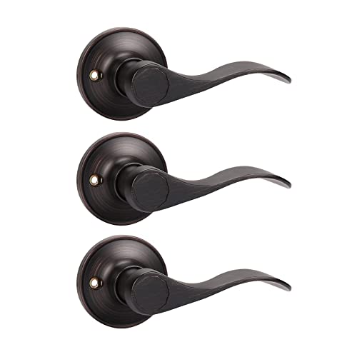 KNOBWELL 3 Pack Oil Rubbed Bronze Dummy Door Knob, Brushed Bronze Door Lever Closet Door Knob, Interior Door Handles Right Handing (No Lock/Latch)