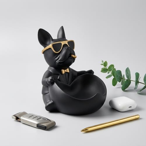 Image of Xtore Striking Bulldog Storage Organizer Figurine for Home & Office Decor | Modern Matte Black Dog Showpiece with Utility Bowl for Keys, Coins & Accessories (Black, 19.5 cm)