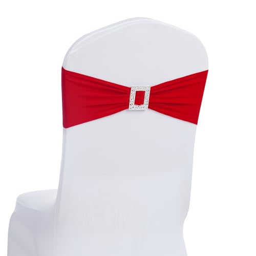 Joccun 60 PCS Spandex Chair Sashes Bows Stretch Chair Cover Band with Buckle Slider Universal Elastic Chair Ties for Wedding Banquet Party Event Decoration (Ruby)