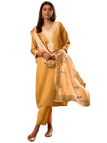 Image of Naixa Women's Rayon Embroidered Straight Kurta with Pant and Dupatta Sets (Available in Plus Size) (NX-696)