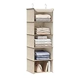 SONGMICS Hanging Wardrobe Storage Organiser, Hanging Storage Shelves, Foldable Wardrobe Clothes Organiser, Space-Saving, Metal Hooks, Bamboo Inserts, Linen Pattern, Sand Beige RCH005Y01