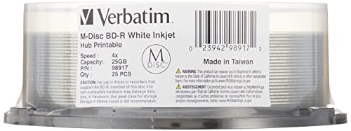 Image of Verbatim 98917 M-Disc BD-R 25GB 4X - White Inkjet Printable, Hub Printable- 25pk Spindle