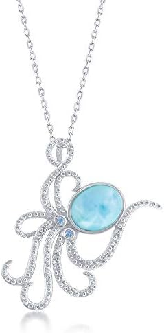 Beaux Bijoux Nautical Octopus Caribbean Natural Larimar Gemstone Sterling Silver Pendant 18’’ Necklace Jewelry for Women or Teens