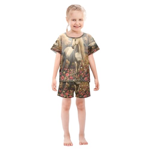 ALAZA Horse Flower Landscape Pajamas Set Short Sleeve Cotton Sleepwear Summer Pjs 2 Piece 5-14Y3