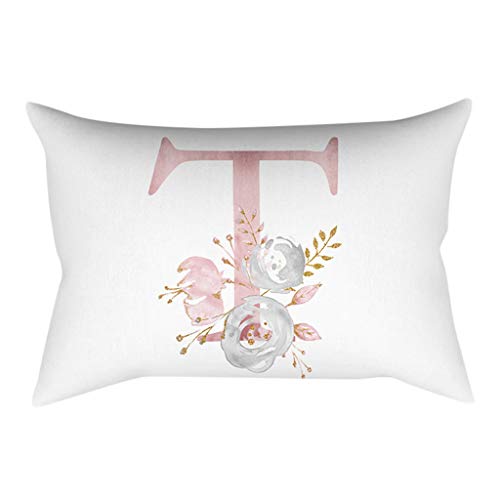 Watopi - Funda de cojín suave, diseño de letra del alfabeto, personalizable, con estampado floral de color rosa, 30 x 50 cm, Poliéster de alta calidad, suave como la piel de melocotón., T, 30*50CM