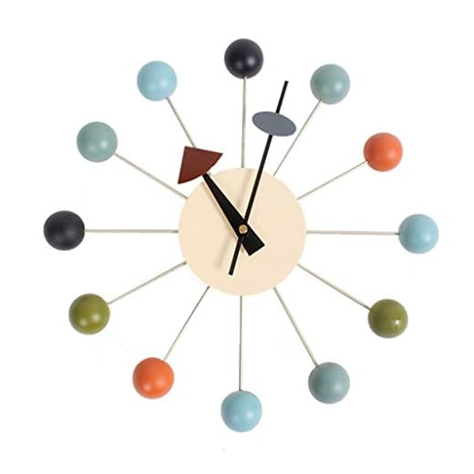 Nelson Clock Wooden and Metal Analog Movement Ball Wall Clock, George Nelson Clock, Non Ticking, 13 X 13in, for Living Room and Bedroom