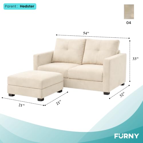 Image of FURNY Heritage 2 Seater Fabric Sofa Set with 1 Ottoman (Cream) with Velvet Finish | Durable Comfort | Ideal for Living Room