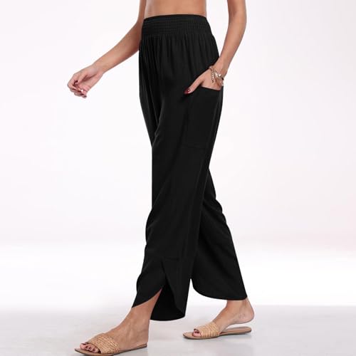 fanmpghleoo Harem Pants Women Cropped Wide Leg Linen Pants Summer Smocked Elastic Waist Yoga Pull On Capris with Pockets3