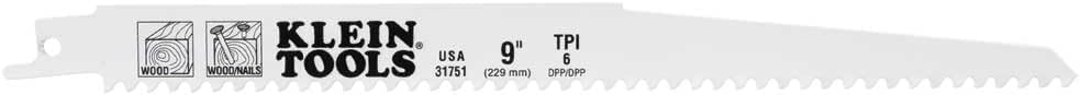 Klein Tools 31751 Reciprocating Saw Blades, 6 TPI, 9-Inch, 5-Pack, Made in USA