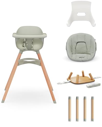 Image of Lalo The 3-in-1 High Chair Kit - Convertible Wooden High Chair for Babies & Toddlers with Infant Support, Cushion, Booster Conversion Kit & Play Legs, Adjustable Footrest - Sage